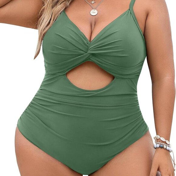 Women's Plus Size Tummy Control One Piece Swimsuit with Twist Front and Ruched D - Picture 1 of 8